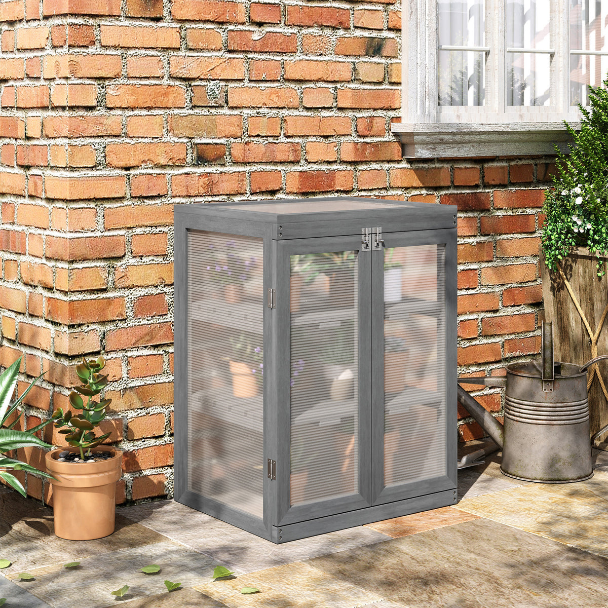 3-tier Wood Greenhouse Garden Polycarbonate Cold Frame Balcony Grow House w/ Storage Shelf for Plants, Flowers, Dark Grey