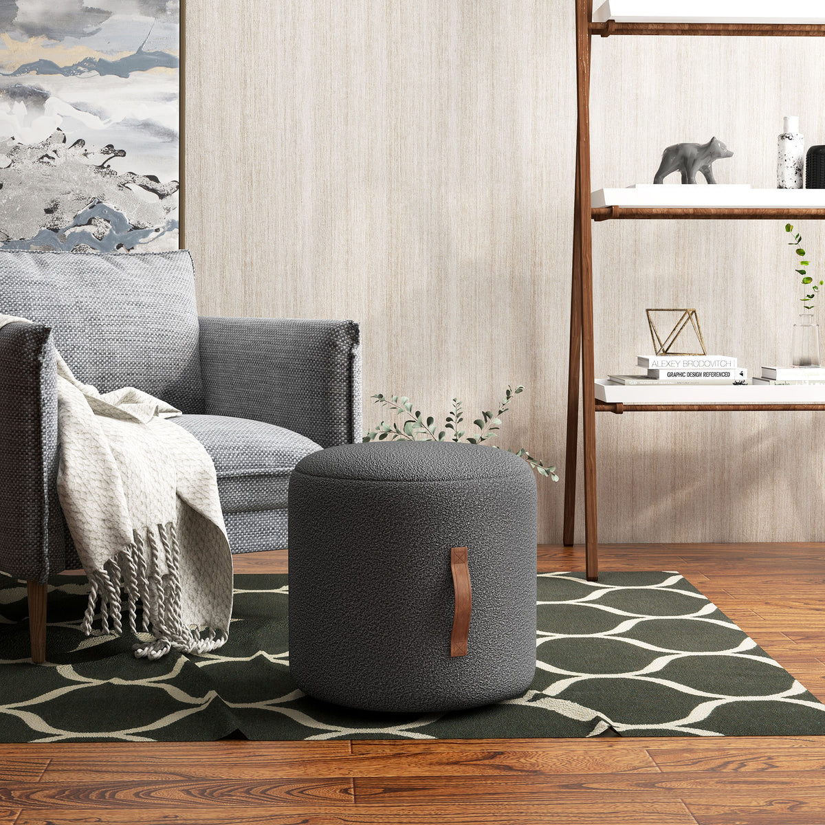 Hocker, Fußhocker in einem modernen Design, Dunkelgrau + Braun