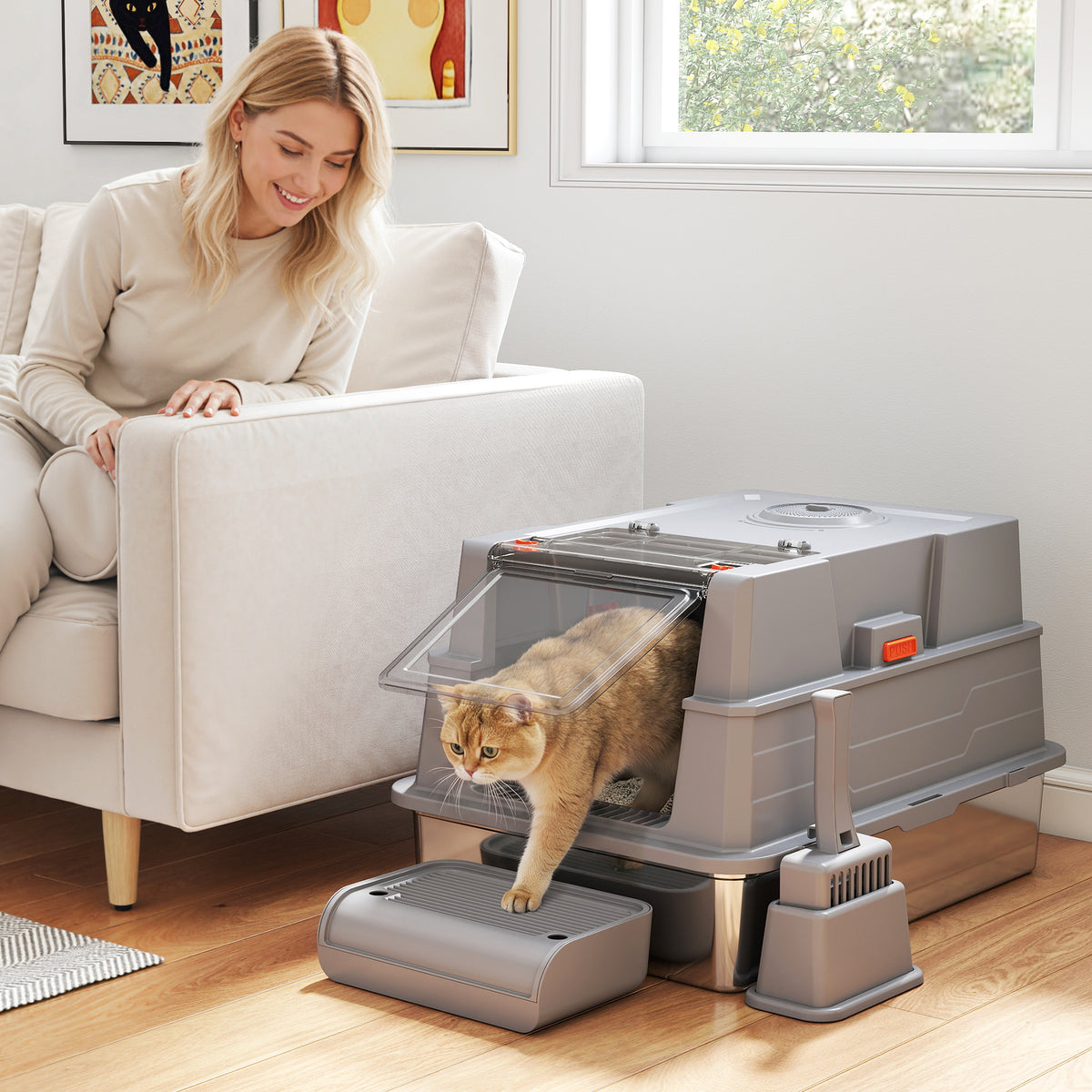 Katzenklo XXL Edelstahl Katzentoilette 130L mit 180° Klappdeckel Hohen Seitenwänden Schaufel Trittstufe 70x50x43cm Grau