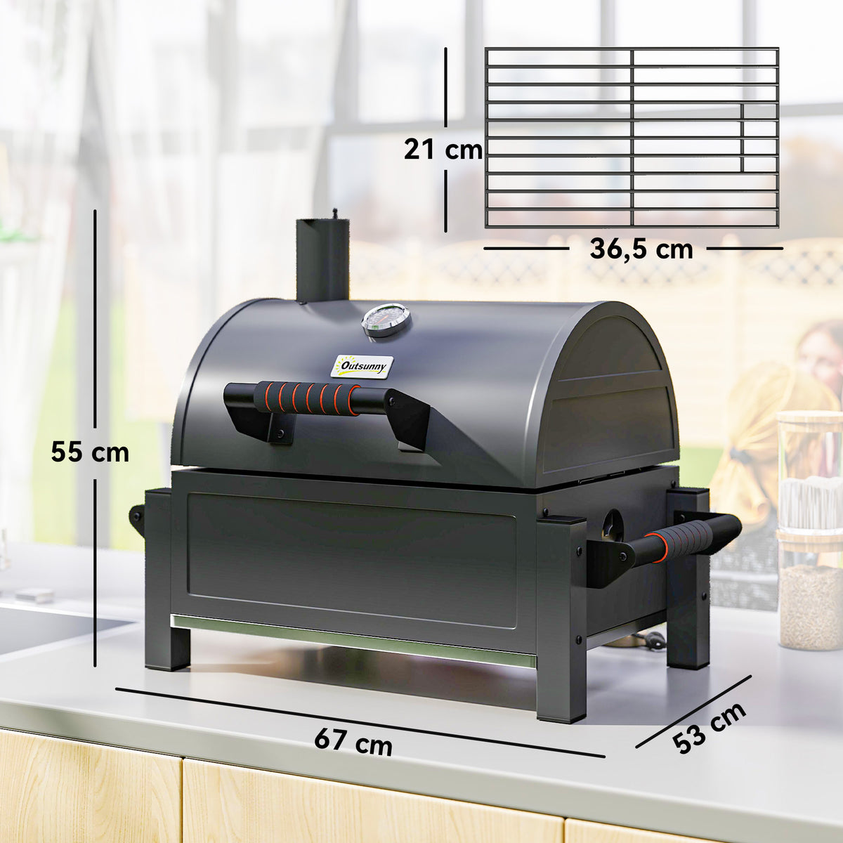 Kohlegrill mit Deckel, Warmhalterost, Aschefach, Thermometer, rostfrei, 67 x 53 x 55cm, Schwarz/Rot