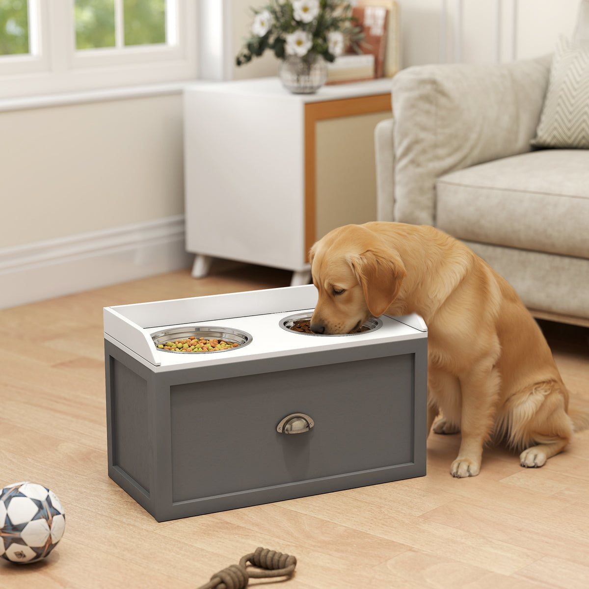 Stainless Steel Raised Dog Bowls, with 21L Storage Drawer for Large Dogs - Grey
