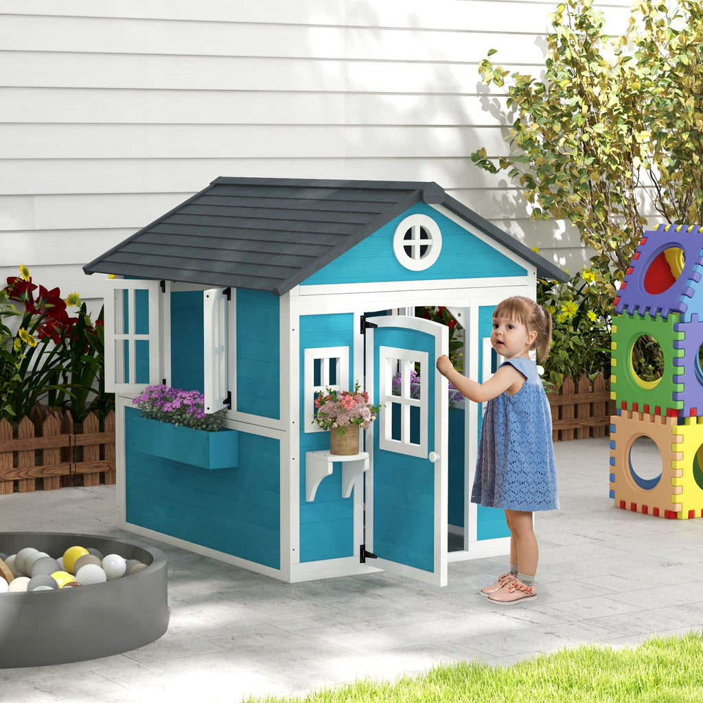 Kinderspielhaus, Holz-Spielhaus f¨¹r Kinder, Outdoor-Gartenspielhaus mit Fenstern, Blument?pfe, 3-8 Jahre, Blau