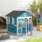 Kinderspielhaus, Holz-Spielhaus f¨¹r Kinder, Outdoor-Gartenspielhaus mit Fenstern, Blument?pfe, 3-8 Jahre, Blau
