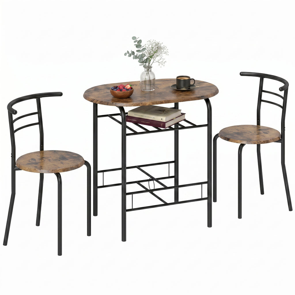 Essgruppe 3-teilig, Küchentisch und Stühle für 2 Personen mit Regal, Wohnzimmer, Rustikal-Braun Holz-Optik