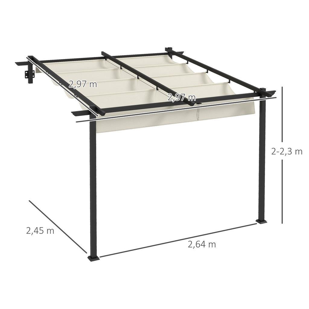 Gartenpavillon 3 x 3m, einziehbares Dach, Wandmontage, Metallrahmen, Cremeweiß