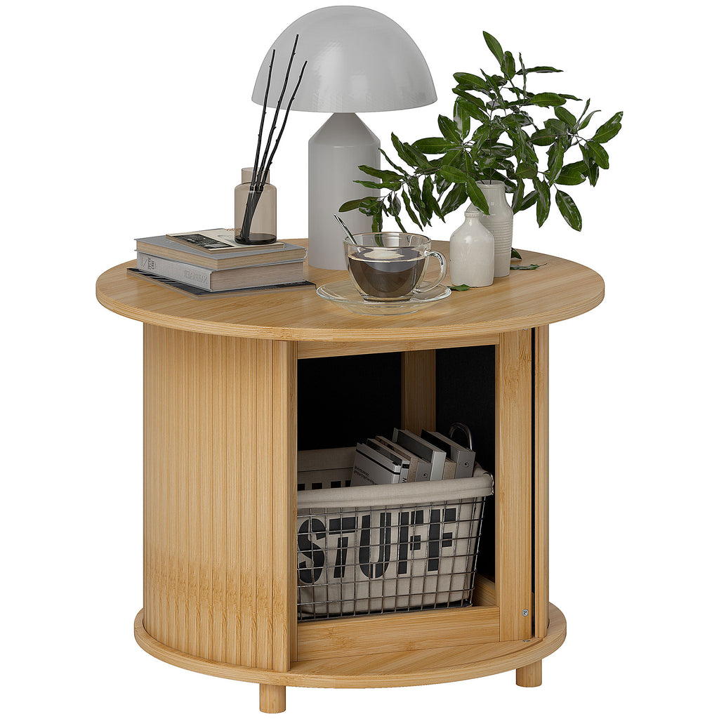Beistelltisch, rund, mit Stauraum, Schiebet¨¹r, Bambus, §¶60 x 45 cm, bis 20 kg belastbar