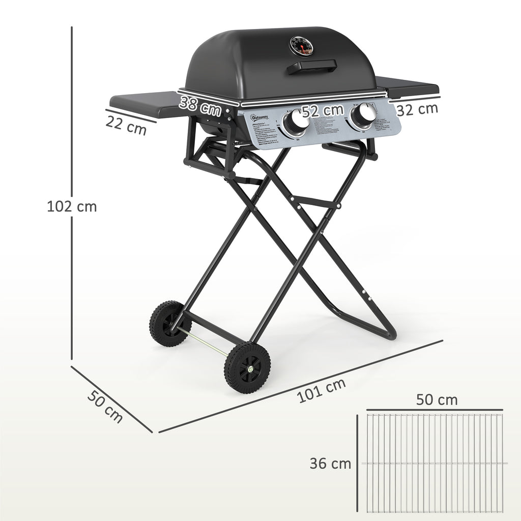 Gasgrill 5,6 KW Grillwagen inkl 2 Edelstahl-Brenner klappbar Seitenablagen Rolle 101 x 50 x 102 cm Schwarz