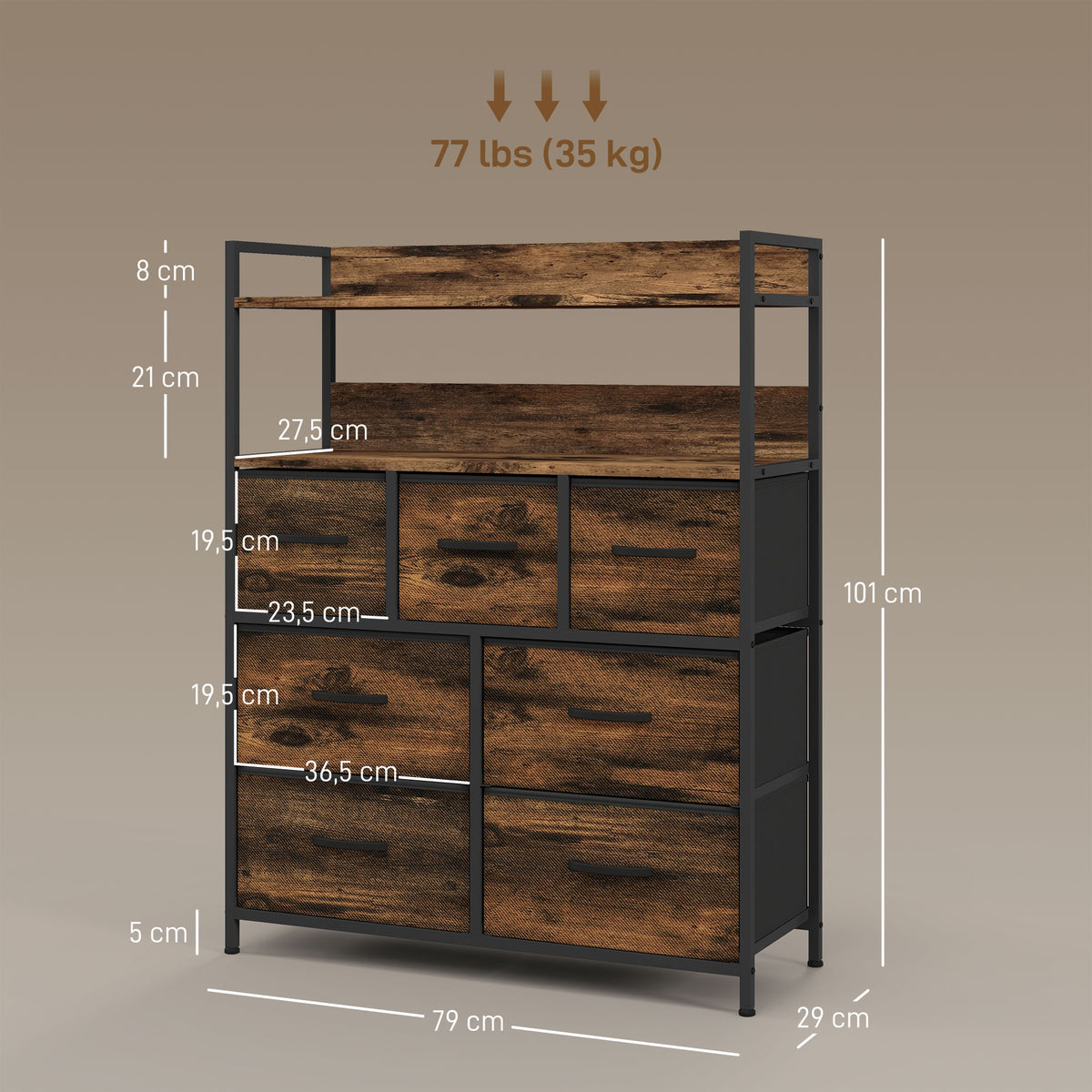 Rustic Chest of Seven Fabric Drawers - Rustic Brown