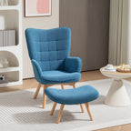 Akzentsessel mit Hocker, Relaxsessel in Cord-Optik, Armlehnstuhl mit Holzbeinen, für Wohnzimmer, Blau
