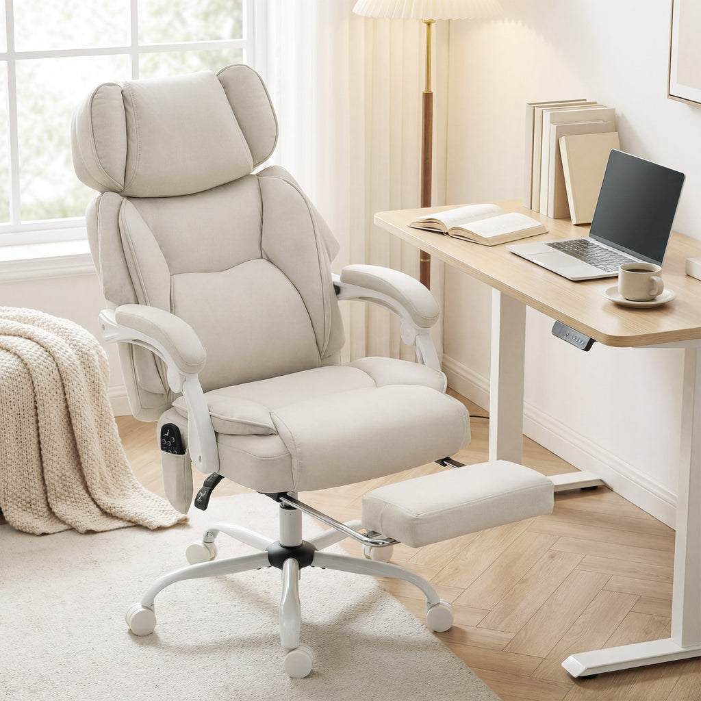 Hochlehner-Bürostuhl mit Vibrationsmassage und Heizung, ergonomisch, neigbar, mit Fußstütze, Cremeweiß
