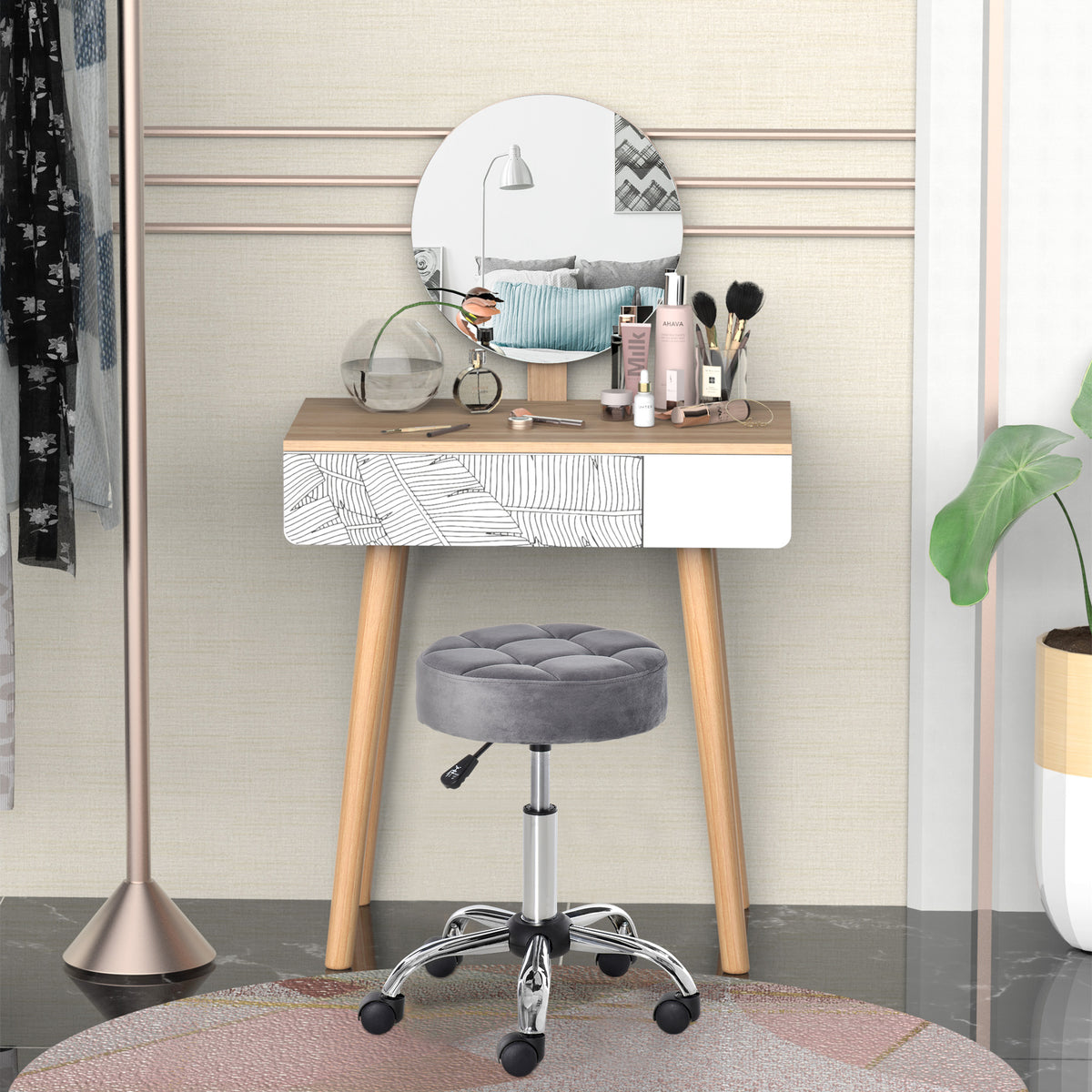 Salonstuhl mit Rädern Rollhocker höhenverstellbar drehbar Salon Hocker Samt-Touch Schaumstoff Chrom-Basis Hellgrau 35 x 35 x 49-61 cm