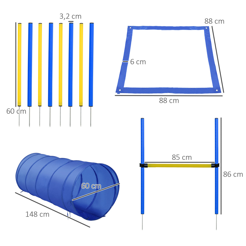 Agility Set Hunde, 4-teiliges Agility Ausrüstung mit Hundetunnel, Hürden, 8 Slalomstangen, Startfeld, Aufbewahrungstasche, Steckhürdenset für Hundetraining, Trainingsset für Hunde Gelb+Blau