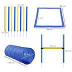 Agility Set Hunde, 4-teiliges Agility Ausrüstung mit Hundetunnel, Hürden, 8 Slalomstangen, Startfeld, Aufbewahrungstasche, Steckhürdenset für Hundetraining, Trainingsset für Hunde Gelb+Blau