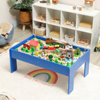 Spieltisch, 108-teiliges Eisenbahn-Set aus Holz, mit abnehmbarer Tischplatte, Eisenbahntisch, 98x60,5x40 cm, Blau