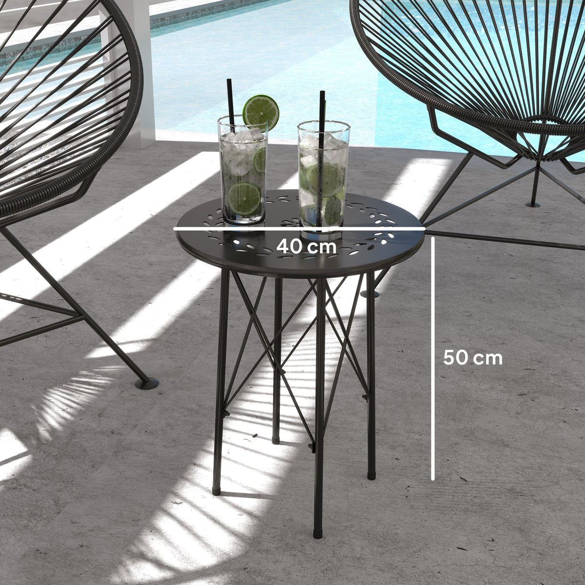 Gartentisch, Runder Terrassentisch mit Blumenmuster, Stahl, Bistrotisch für drinnen und draußen, Schwarz