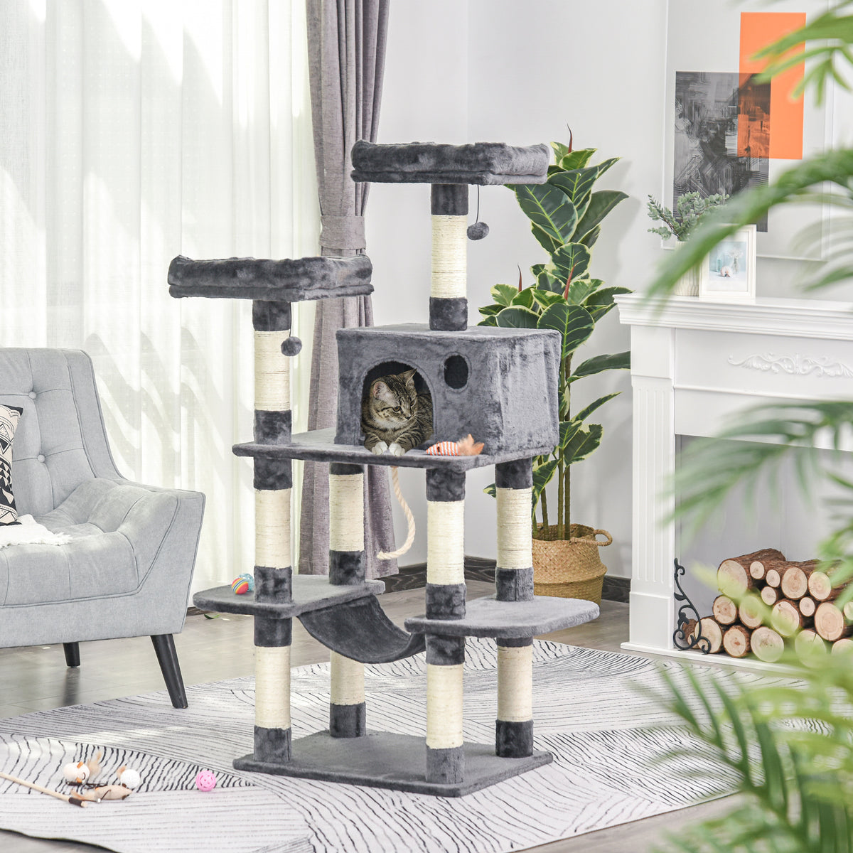  Katzenbaum Luxus mit Hängematte Katzenhaus Kletterbaum mit Hängematte und Katzenhaus Katzenspielturm Dunkelgrau 60 x 48 x 144 cm