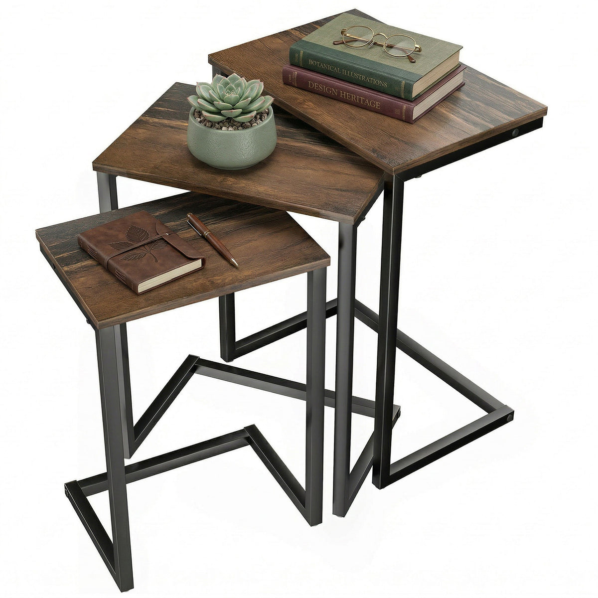 Nesting Side Tables Set of 3, C-Shaped Snack Side Tables with Steel Frame for Sofa Couch and Bed, Rustic Brown