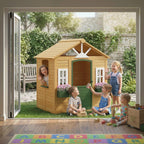 Kinderspielhaus Holz Spielhaus Outdoor mit Tür 3 Fenster 2 Blumenkästen für 3-8 Jahre Kinder 134,5 x 97 x 150 cm Braun