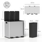 3 x 15L Pedal Bin, Steel Triple Kitchen Bin with Soft Close Lid, Removable Inner Buckets, Fingerprint-Proof, Silver Tone