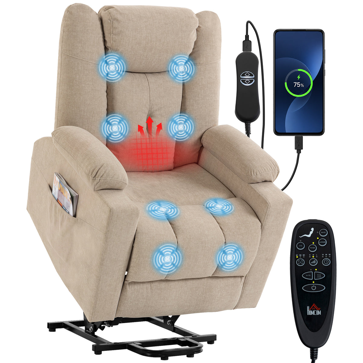 Elektrischer Aufstehsessel mit Vibrationsmassage und Wärmefunktion, Relaxsessel in Samtoptik mit Federkernpolsterung, Cremeweiß
