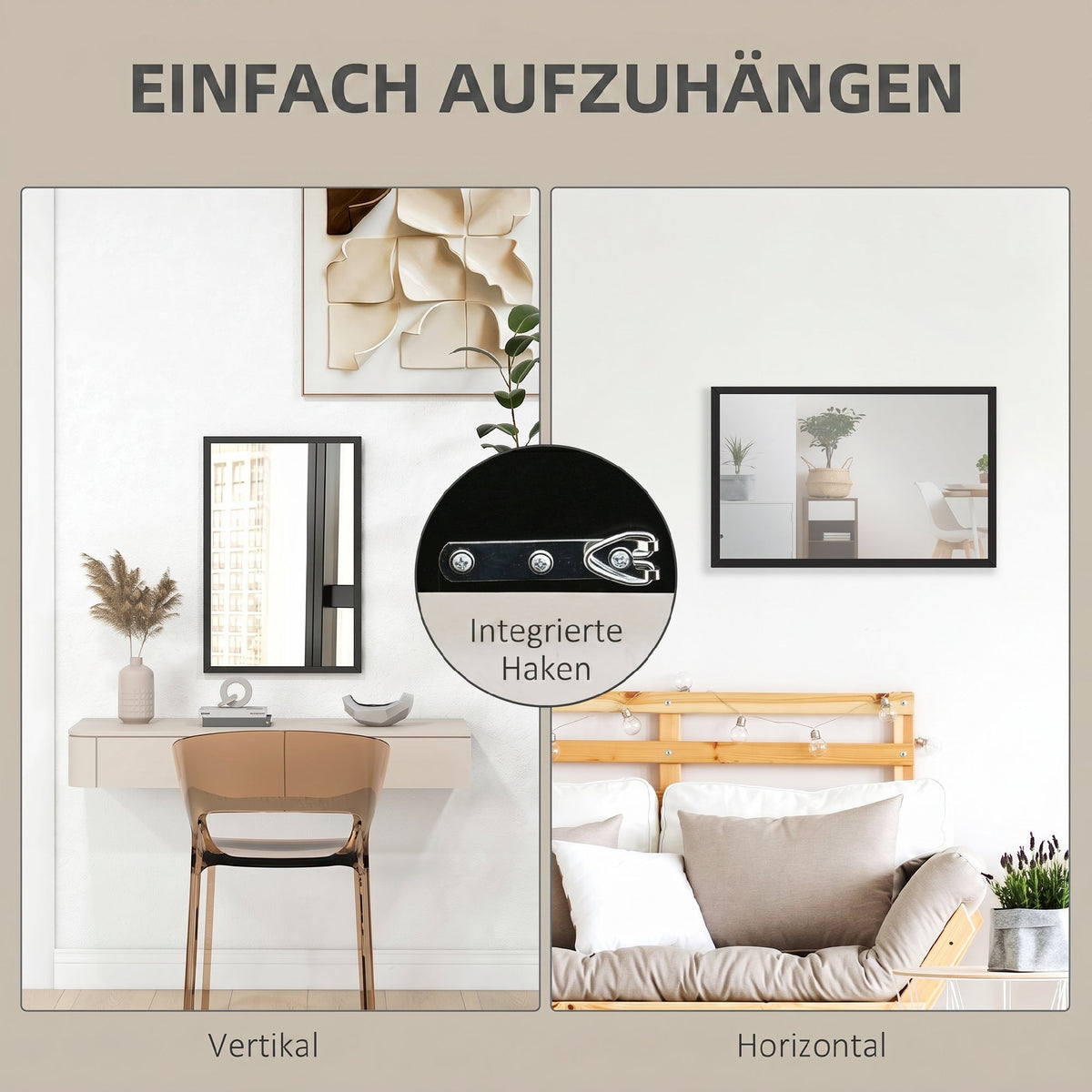 Wall Bathroom Mirror, 60 x 40 cm Wall-Mounted Mirror for Living Room, Bedroom, Hallway, Black