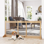 Freestanding Dog Gate, Foldable Pet Fence, Indoor Wood Barrier, Stair Gate with Support Feet, for Doorway, Hallway, Small and Medium Dogs, 69H x 104-180 cm, Natural Wood Finish