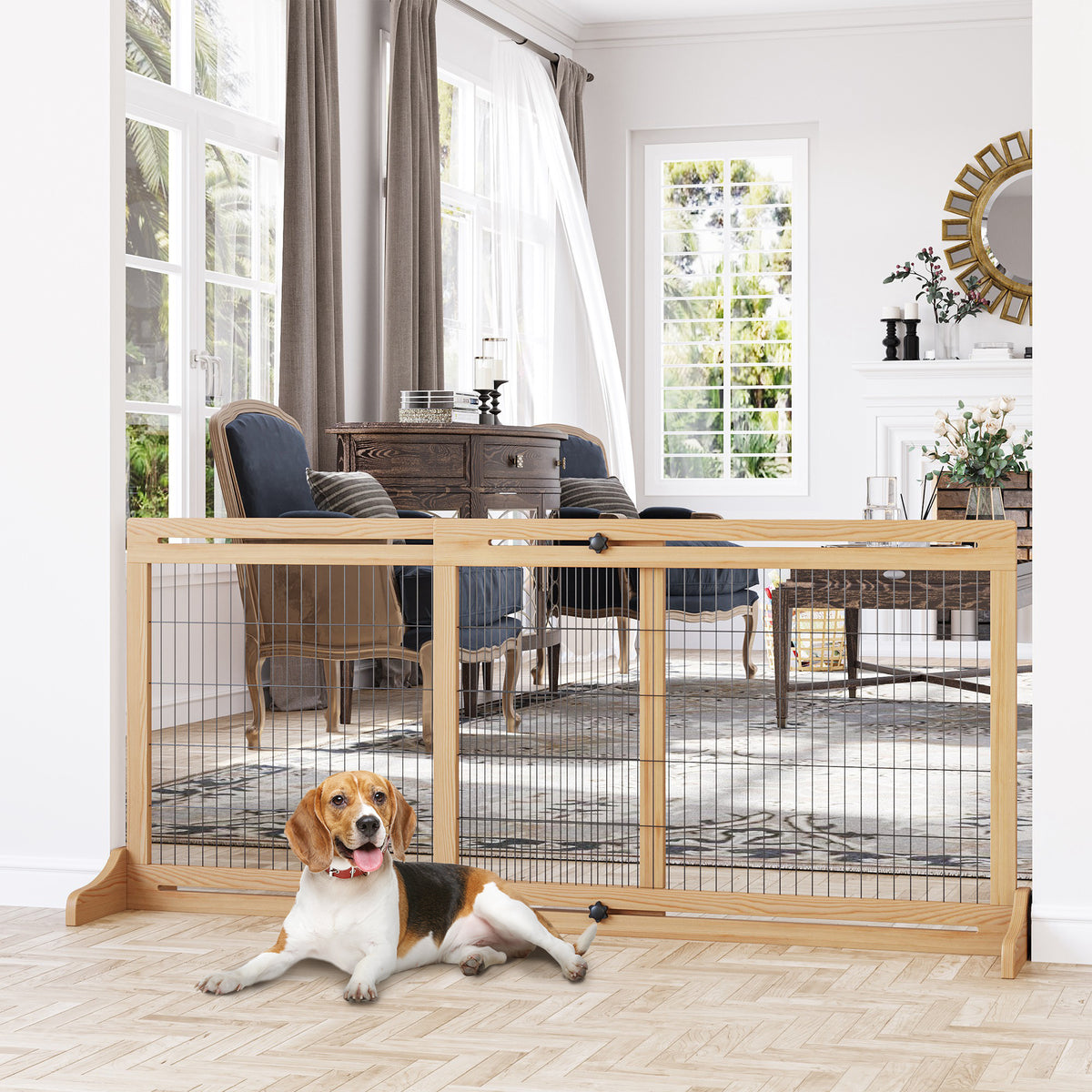 Freestanding Dog Gate, Foldable Pet Fence, Indoor Wood Barrier, Stair Gate with Support Feet, for Doorway, Hallway, Small and Medium Dogs, 69H x 104-180 cm, Natural Wood Finish