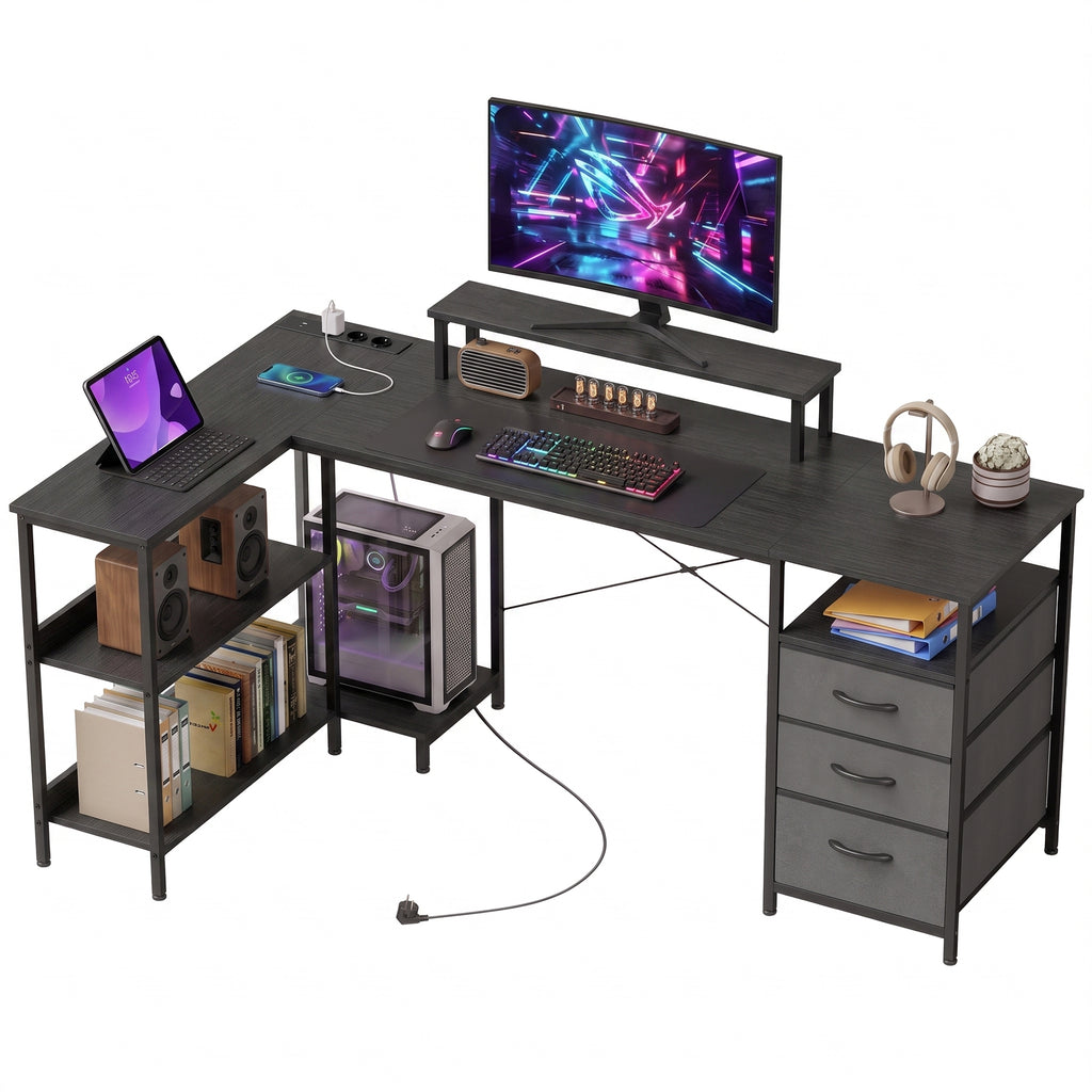 Schreibtisch in L-Form, umkehrbarer Eckschreibtisch mit Schubladen und Regalen, 170 cm, Schwarz