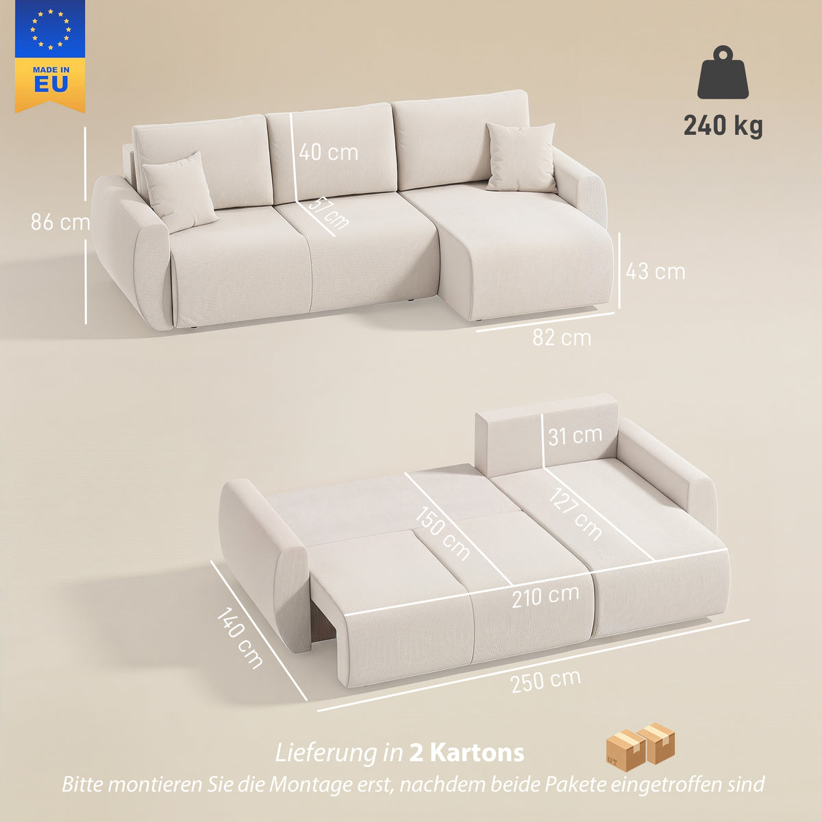 Schlafsofa mit Umkehrbarer Chaiselongue, L-förmiges 3-Sitzer Sofa aus Veloursbezug, Cremeweiß