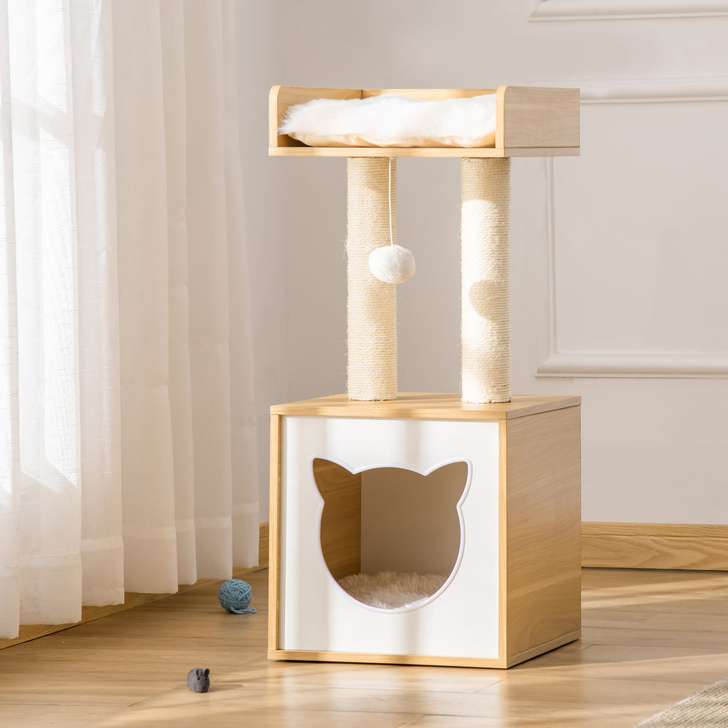 Katzenhöhle Katzenbett mit waschbarem Kissen, Plattform, Kratzsäule, Spielball, Katzenhaus für Katzen für Indoor 35 x 35 x 81 cm Eiche