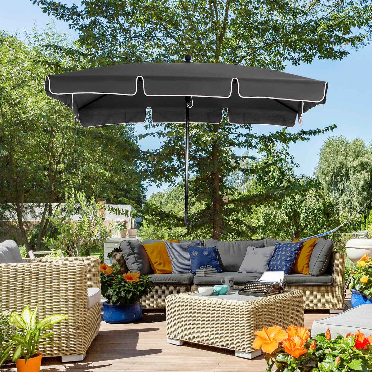 2 x 1.3m Garden Parasol Umbrella, Outdoor Market Table Umbrella with Ruffles & Aluminium Pole, Rectangular Tilting Parasol Sun Shade Canopy, Grey