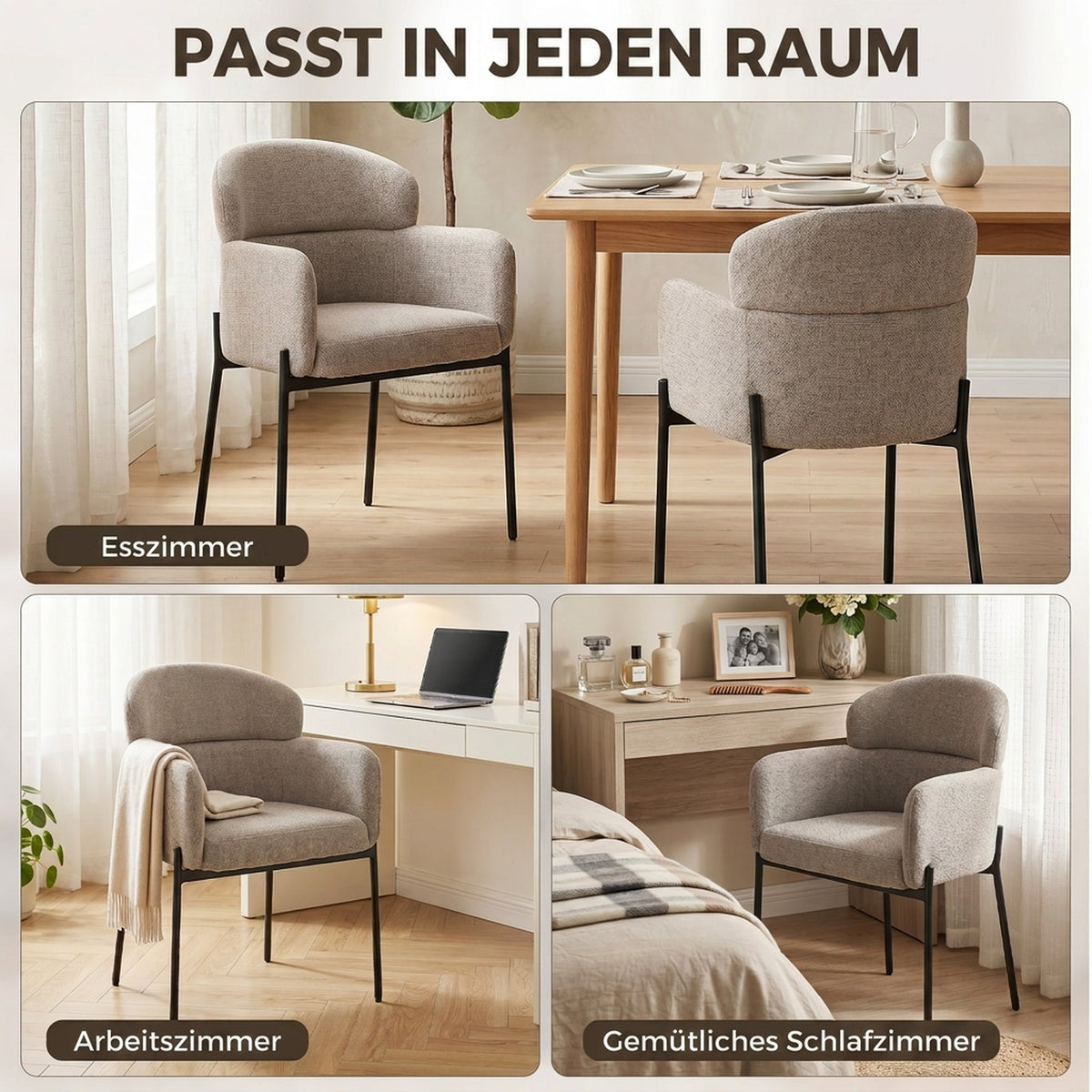 Sessel Wohnzimmer Loungesessel mit Chenille-Optik, Armlehnen, Metallbeinen für Schlafzimmer, Hellbraun