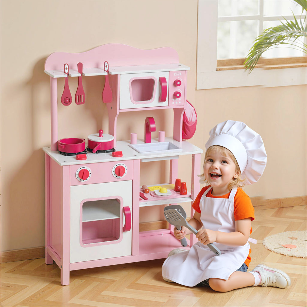 Kinderk¨¹che zum Spielen, Zubeh?r aus Holz, K¨¹chenger?te, kompakt, Ger?usche, Rosa