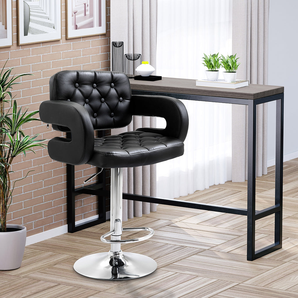 Mid-Back Hollow Design Height Adjustable Barstool with PU Leather Surface, U-Shape Armrest, Steel Pole for Bistro, Lounge, Kitchen, Black