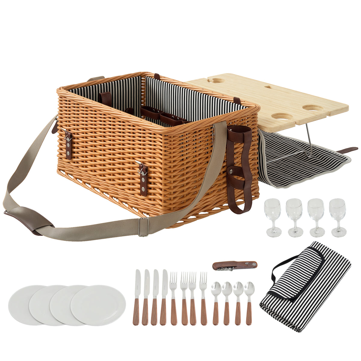 Picknickkorb aus Weidenholz Picknickkoffer für 4 Personen mit Picknickdecke Besteck Set, Flascheöffner Hellbraun