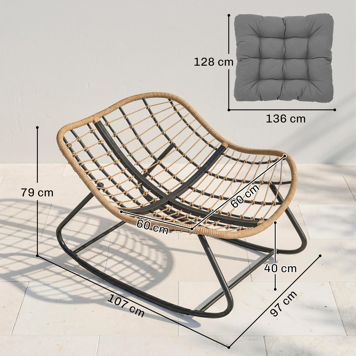 Schaukelstuhl Schaukelsessel mit Kissen wetterfest Gartenstuhl bis 120 kg belastbar für Wohnzimmer Garten, Rasen Grau