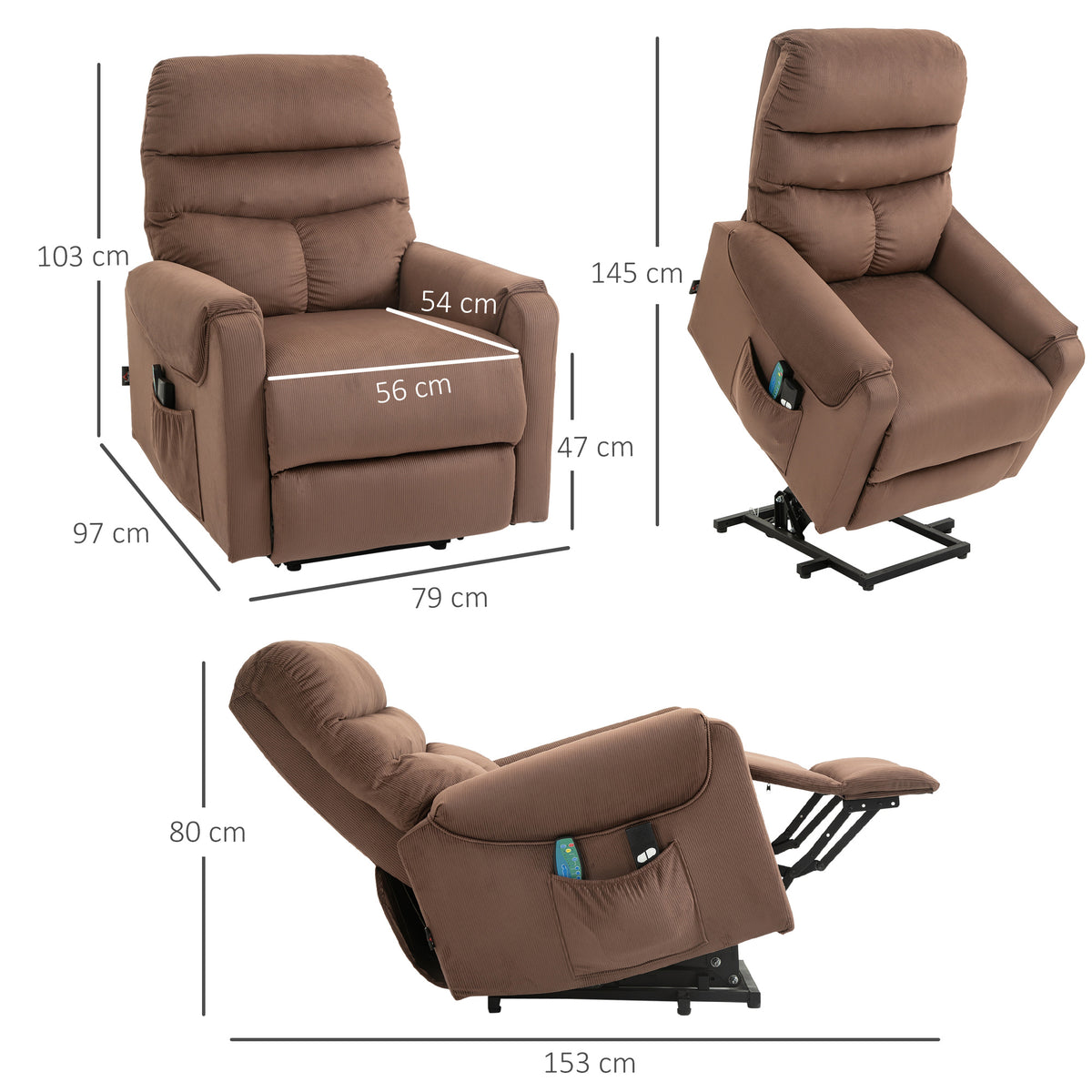 Fernsehsessel mit Aufstehhilfe Elektrisch, Massagesessel mit Liegefunktion und W?rmefunktion, Relaxsessel mit Fernbedienung und Seitentasche Verstellbar Polyester-Gewebe Braun