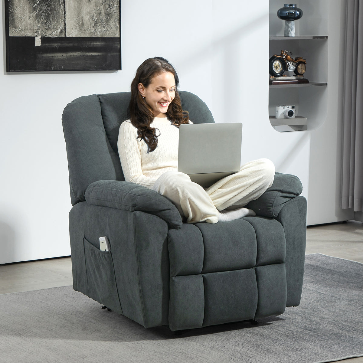 Elektrischer Relaxsessel mit Massage- und W?rme-Funktionen, Polstersessel mit USB-Anschluss, Seitentaschen, Grau