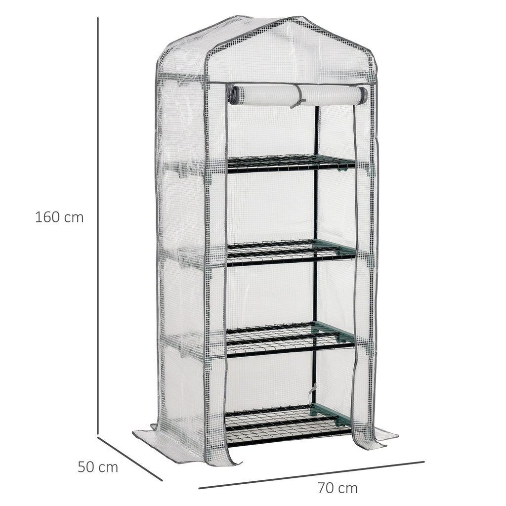 4 Tier Mini Portable Greenhouse Compact Plant Grow Shed Metal Frame PE Cover with Lockable Rolling Wheels, White