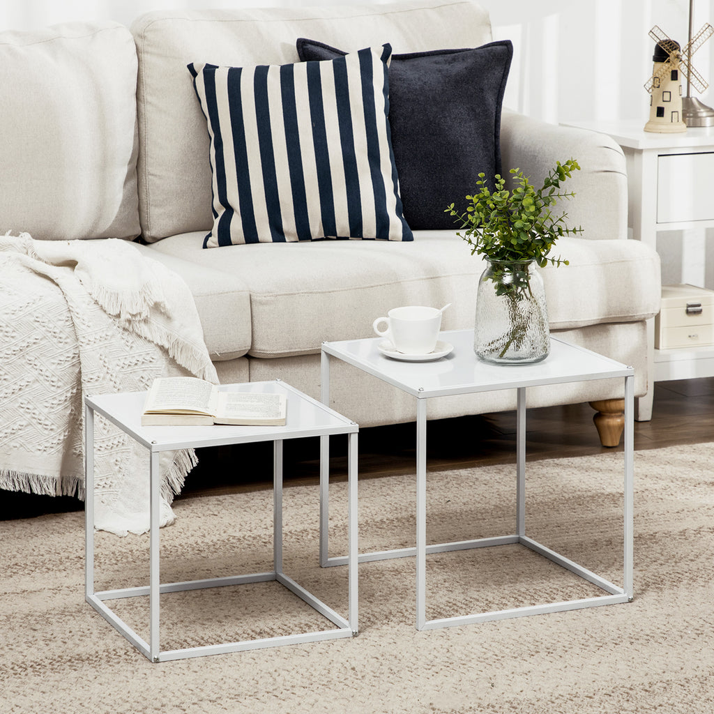 Square Nesting Coffee Table Set of 2, Modern Nest of Tables, Sofa Side Tables with Steel Frame for Living Room, Bedroom, Small Space, White