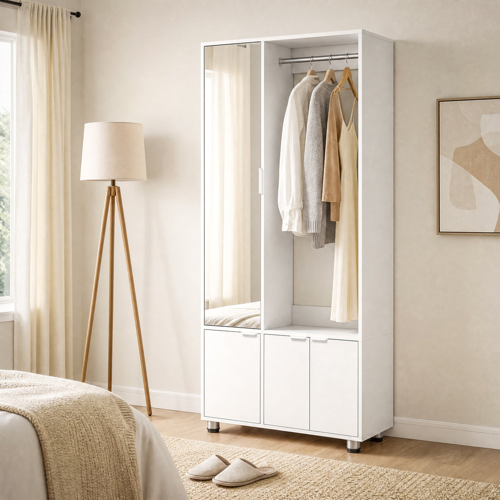 Kleiderschrank mit Spiegel, schmaler moderner Garderobenschrank mit Kleiderstange und Ablagefächern, Weiß