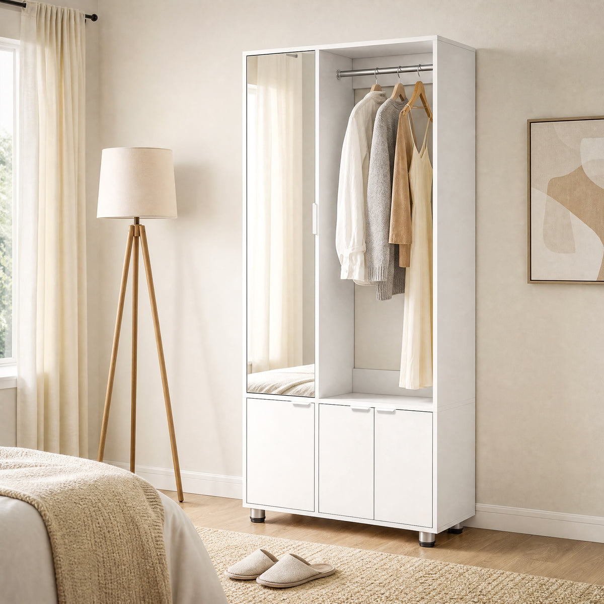 Kleiderschrank mit Spiegel, schmaler moderner Garderobenschrank mit Kleiderstange und Ablagefächern, Weiß