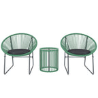 3-teiliges Outdoor-Möbelset, 1 Tisch, 2 Stühle, Glastischplatte, Kunststoff-Rattan um Stahlrahmen, weiche Kissen, Grün