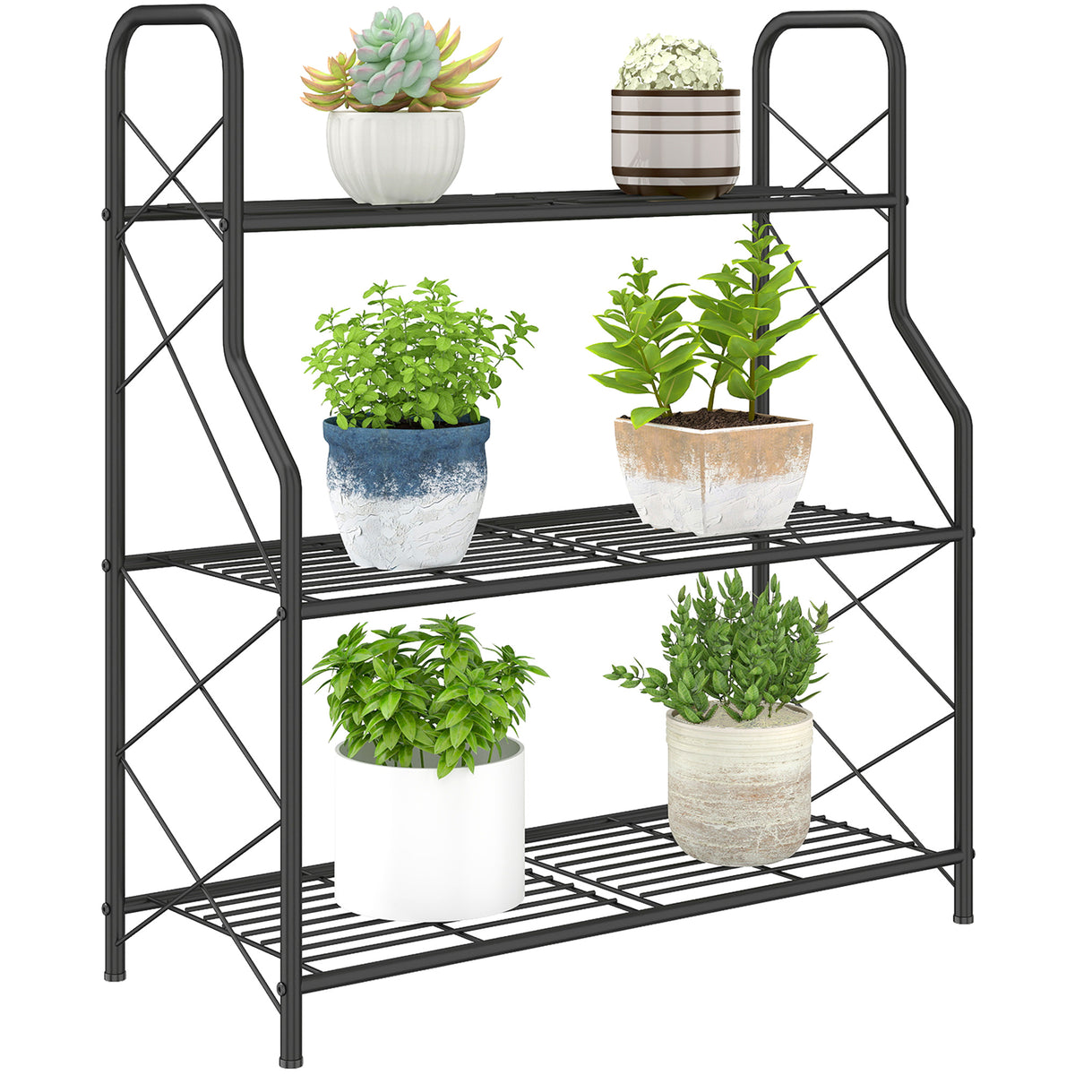 3-Tier Metal Plant Stand, Heavy Duty Ladder Shelf Potted Plants Display Rack, Indoor Outdoor Flower Pot Holder
