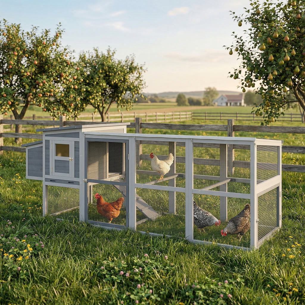 Hühnerstall Hühnerhaus für 3-4 Hühner mit Auslauf Nistkasten Asphaltdach Oxford-Abdeckung Auszugsschublade 264x82x89cm Grau