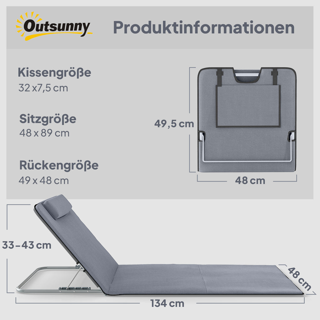 Sonnenliege klappbar Gartenliege mit Kopfkissen Strandmatte mit 5-Fach verstellbare Rückenlehne Strandliege mit Tragetasche für Garten Urlaub Outdoor Strand Pool, Grau