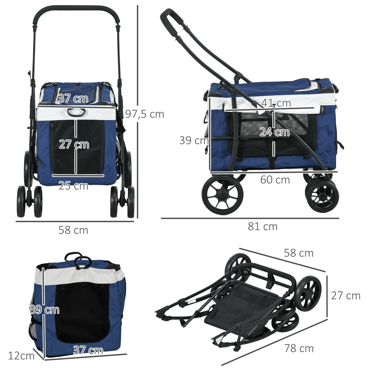 Hundbuggy Haustierbuggy Hundewagen, klappbar, abnehmbarer Korb, 81 x 58 x 97,5 cm, Schwarz + Blau + Weiß