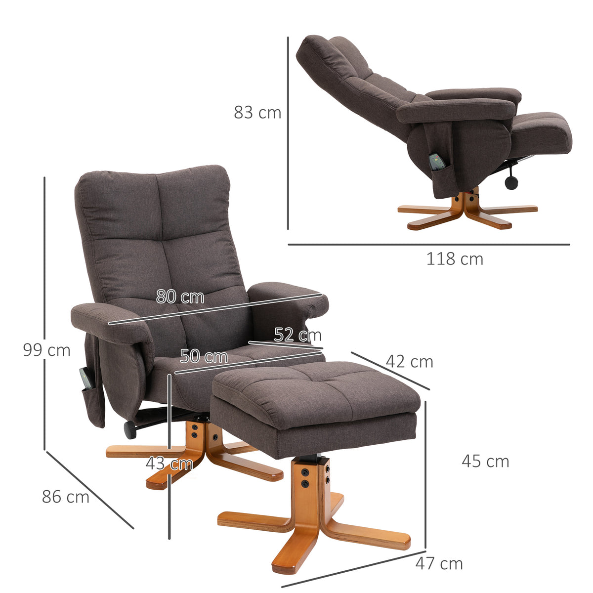 Relaxsessel mit Hocker, 360°drehbarer Fernsehsessel mit Massage, Liegefunktion, Massagesessel mit Seitentasche, TV-Sessel, Polyester für Wohnzimmer Braun