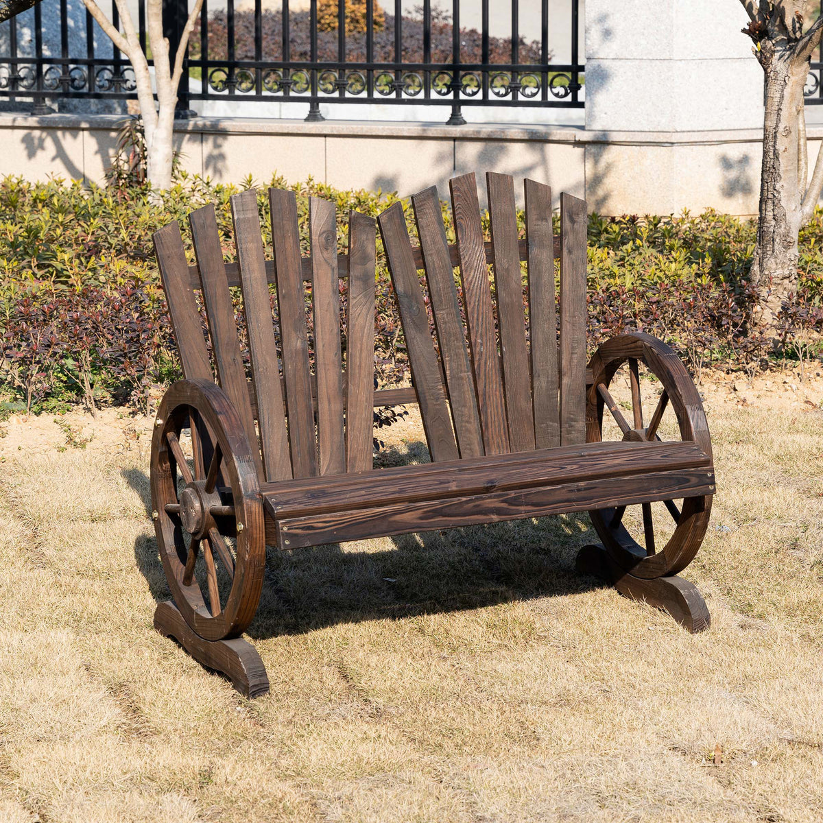 Fir Wood Love Seats with Wheel-Shaped Armrests, Large Load-Bearing Chair, Natural Wood Grain