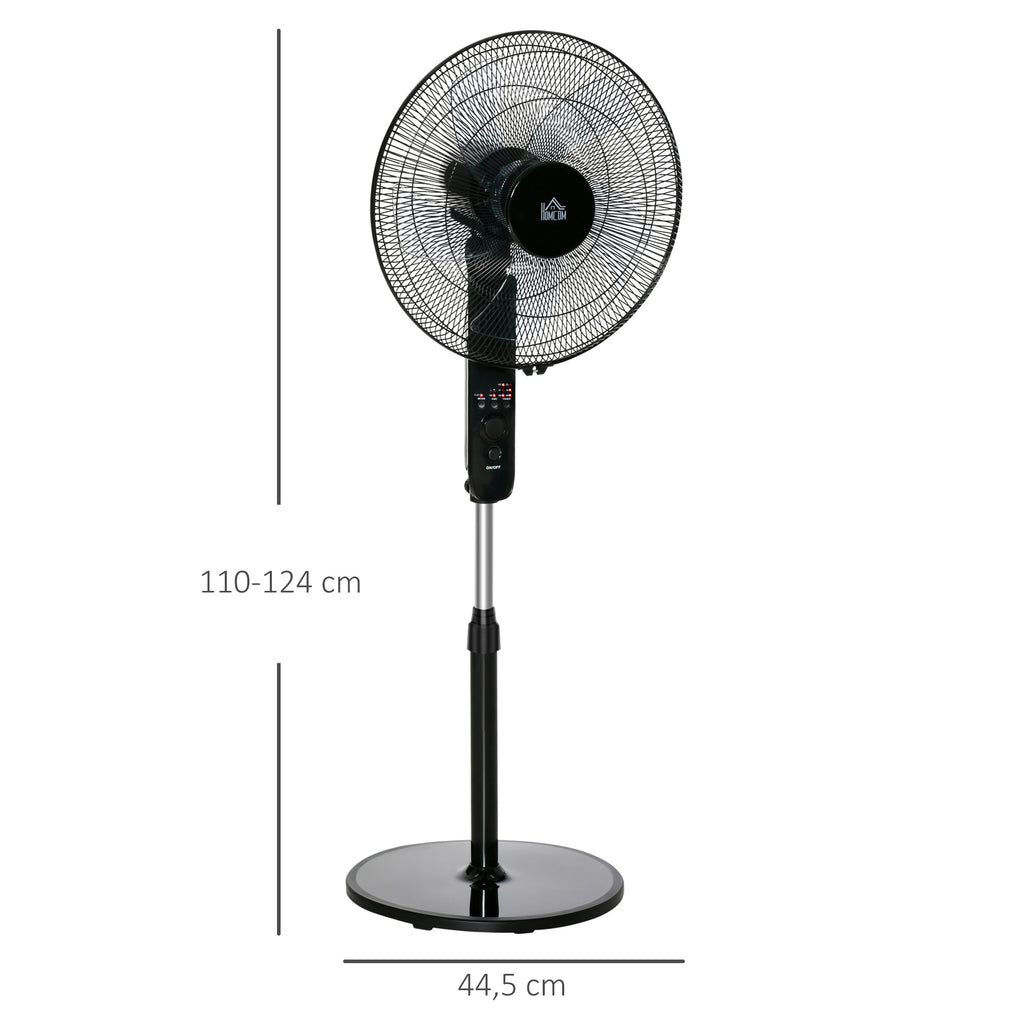 Standventilator mit Fernbedienung, Ventilator, Höhenverstellbarer Lüfter, 3 Geschwindigkeitsstufen, Verstellbarer Neigungswinkel, Metall, Schwarz, Ø44,5 x H110-124 cm